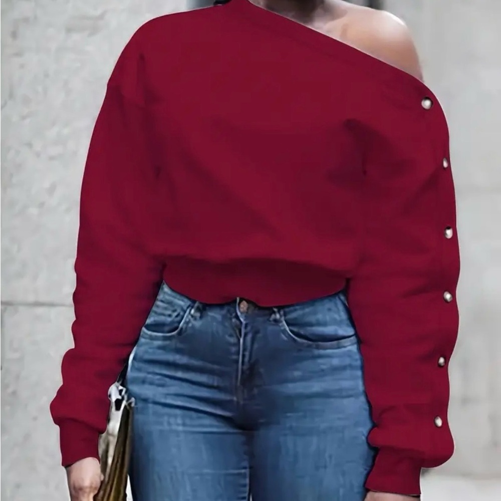 New One-Shoulder Button Detail Sweatshirt XL